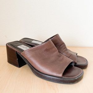 Vintage 90s Brown Leather Heeled Square Toe Slide Sandals